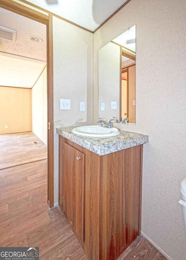 bathroom featuring hardwood / wood-style floors, vanity, and toilet