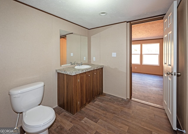 bathroom with vanity, hardwood / wood-style floors, a textured ceiling, and toilet