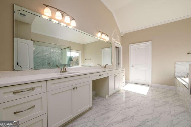 full bath featuring crown molding, a sink, marble finish floor, lofted ceiling, and visible vents