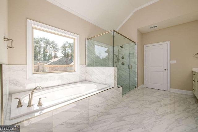 full bath featuring visible vents, marble finish floor, a stall shower, ornamental molding, and vaulted ceiling