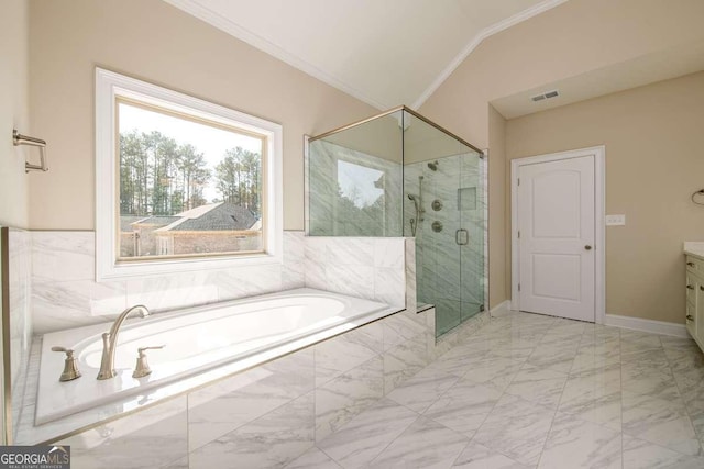 full bath with visible vents, ornamental molding, vanity, a bath, and a stall shower