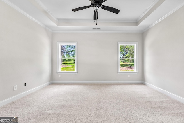 spare room with ceiling fan, light colored carpet, ornamental molding, and a tray ceiling