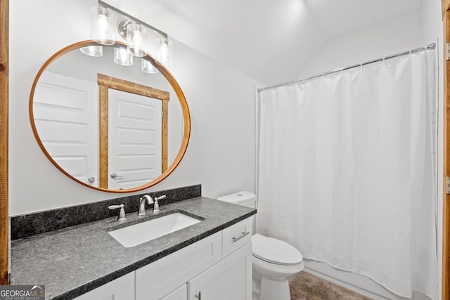 bathroom featuring a shower with curtain, vanity, toilet, and vaulted ceiling