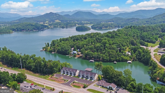 bird's eye view featuring a water and mountain view