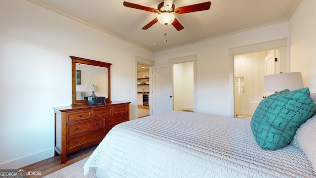 bedroom featuring wood-type flooring, ensuite bathroom, ceiling fan, and ornamental molding