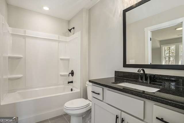 full bathroom with toilet, tile patterned floors, tub / shower combination, vanity, and recessed lighting