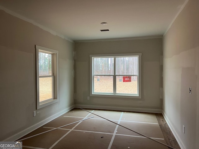 spare room with a wealth of natural light and ornamental molding