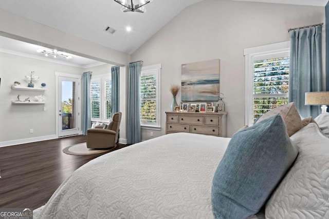 bedroom featuring lofted ceiling, dark wood-type flooring, and access to outside