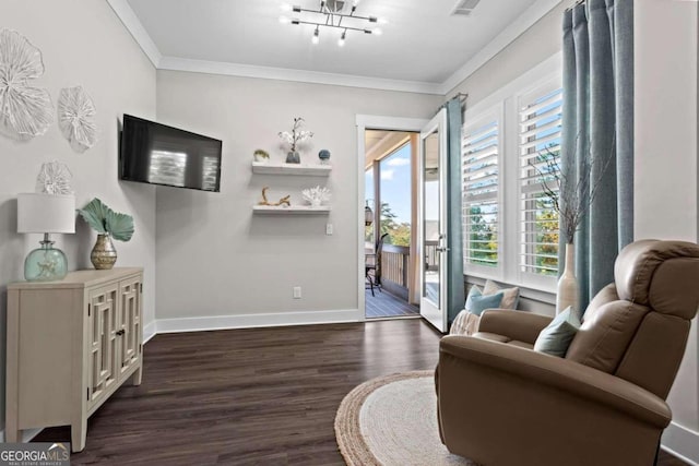 interior space featuring a chandelier, dark hardwood / wood-style flooring, and ornamental molding