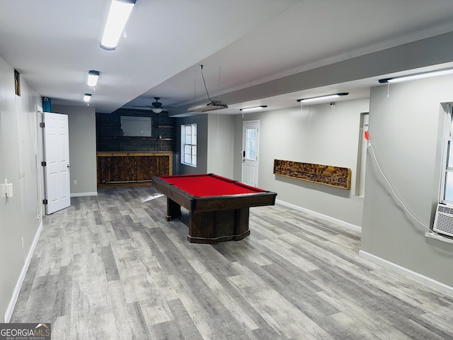 game room with ceiling fan, billiards, and light hardwood / wood-style flooring