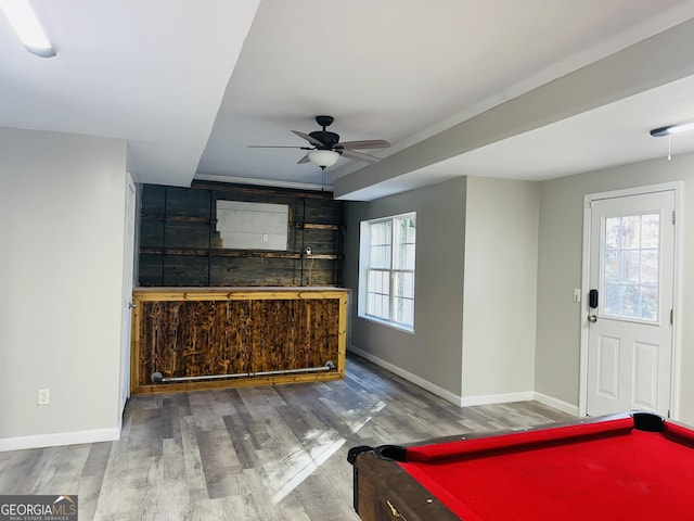 game room featuring ceiling fan, billiards, and a healthy amount of sunlight