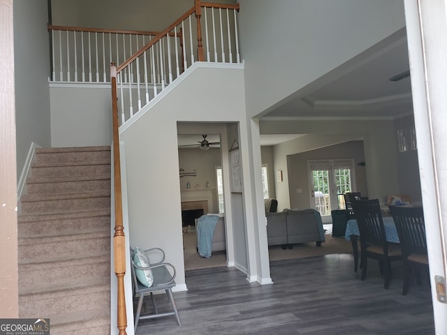 stairs featuring crown molding, wood-type flooring, and a towering ceiling