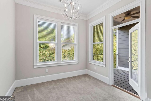 interior space featuring ceiling fan with notable chandelier