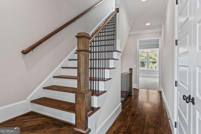 stairs with hardwood / wood-style floors and crown molding