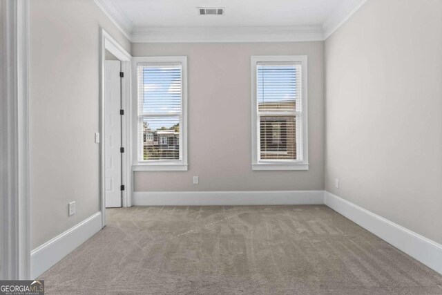 spare room featuring light colored carpet, plenty of natural light, and ornamental molding