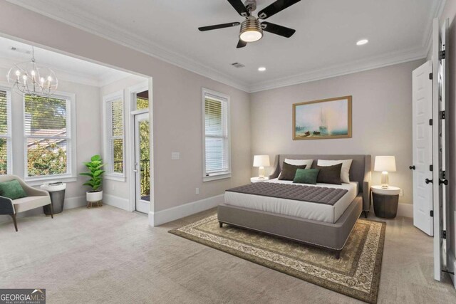 carpeted bedroom with ceiling fan with notable chandelier and ornamental molding