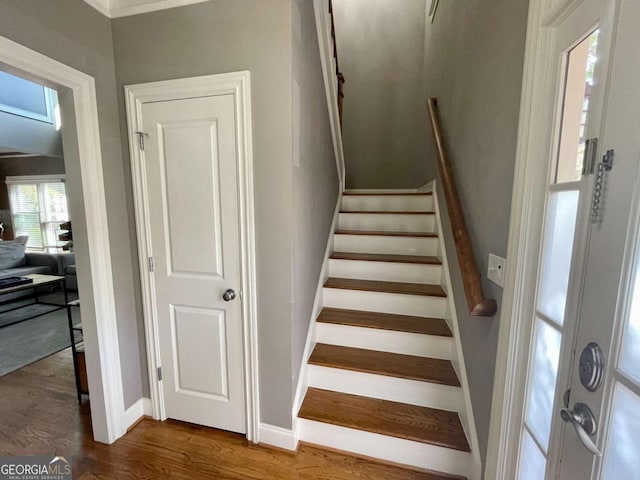 staircase featuring hardwood / wood-style floors