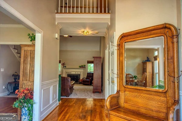 hallway with dark hardwood / wood-style flooring and crown molding