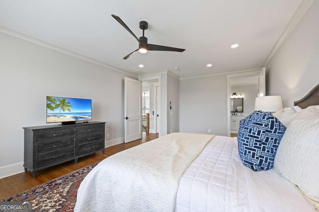 bedroom with crown molding, ceiling fan, and dark wood-type flooring