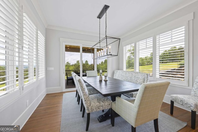 dining space featuring crown molding, a notable chandelier, and hardwood / wood-style flooring