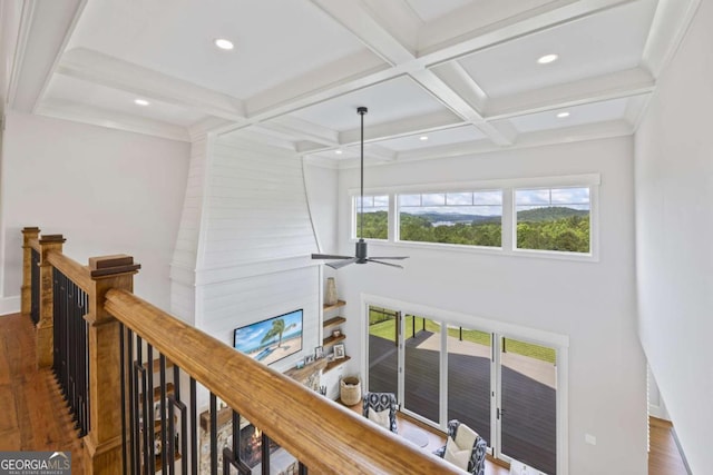 hall with beamed ceiling, dark hardwood / wood-style flooring, and coffered ceiling