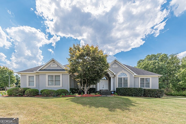 single story home featuring a front lawn