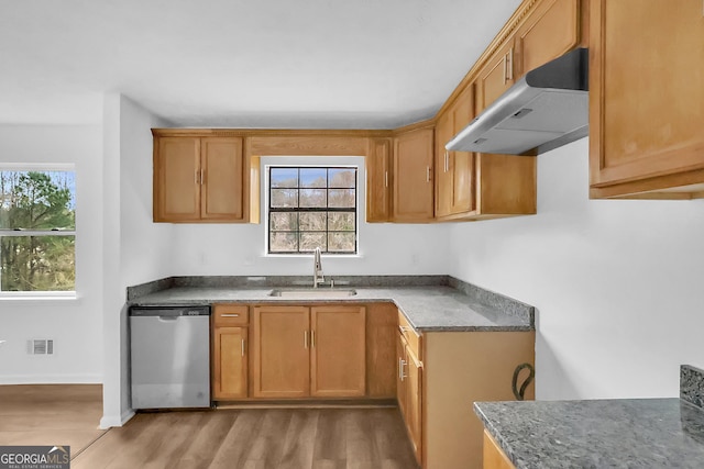 kitchen with dark stone counters, sink, stainless steel dishwasher, range hood, and light hardwood / wood-style floors