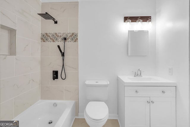 full bathroom featuring vanity, toilet, and tiled shower / bath combo