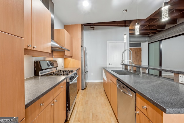 kitchen with pendant lighting, a center island, stainless steel appliances, light wood-type flooring, and sink