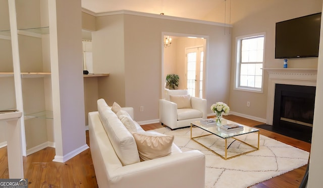 living room featuring vaulted ceiling and hardwood / wood-style flooring