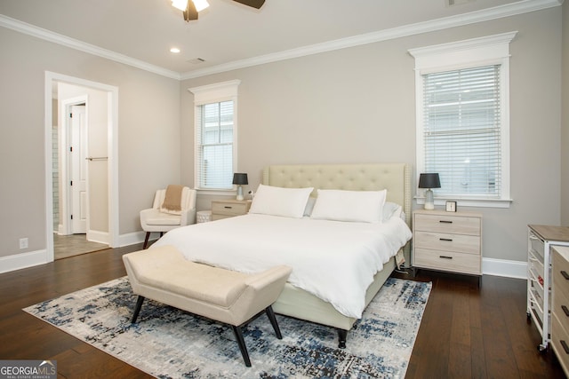 bedroom featuring ceiling fan, dark hardwood / wood-style flooring, and crown molding