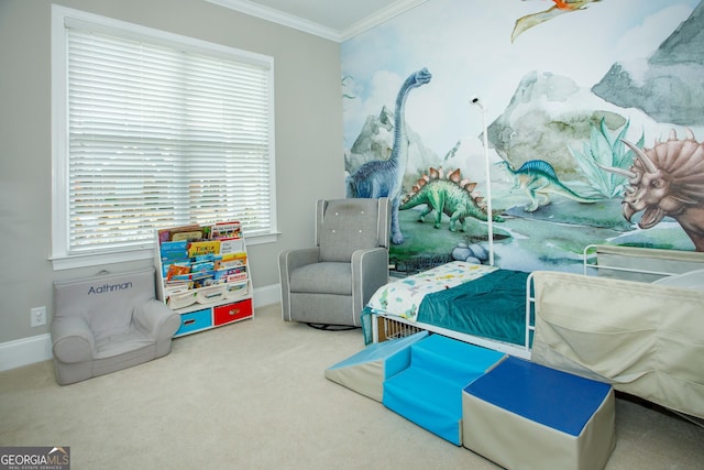 bedroom with crown molding and carpet floors