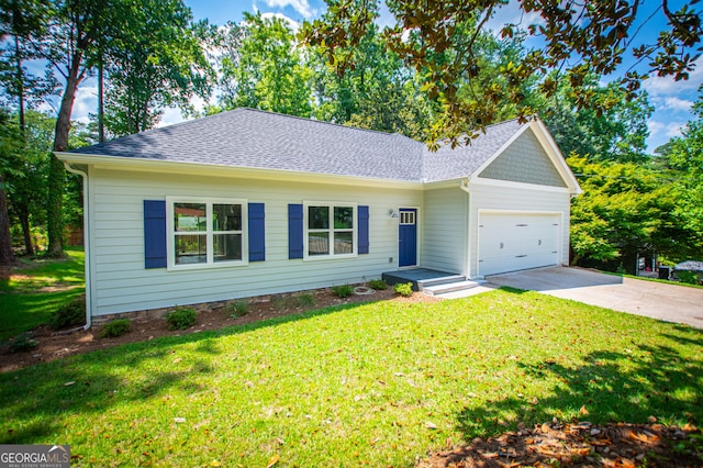 single story home with a garage and a front yard