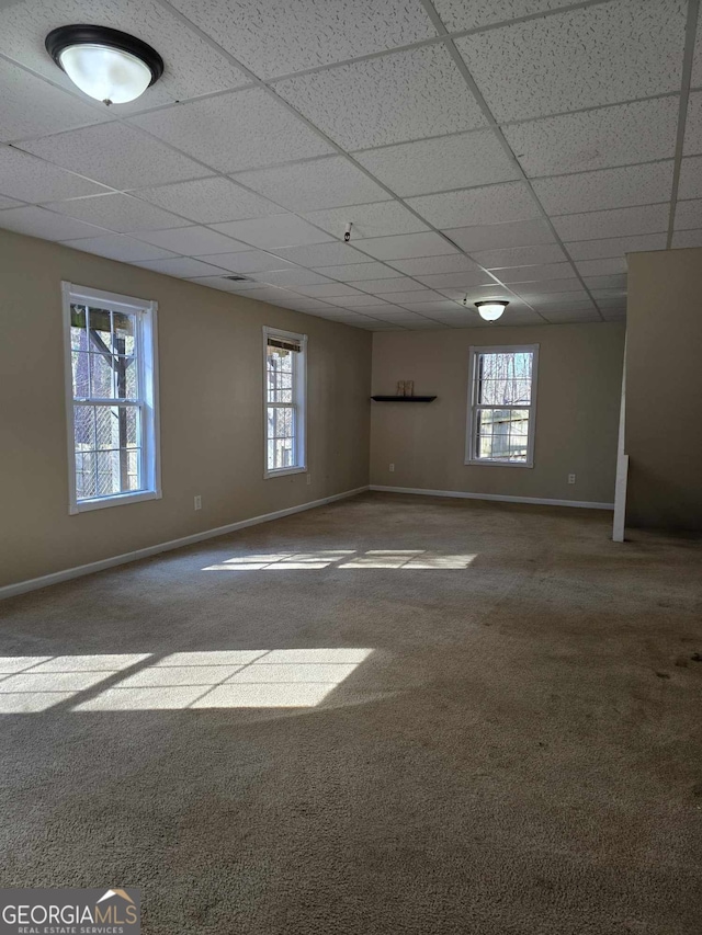 carpeted empty room with a drop ceiling and a wealth of natural light