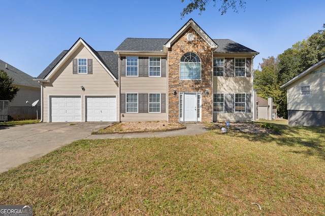 view of front of property with a front yard and a garage