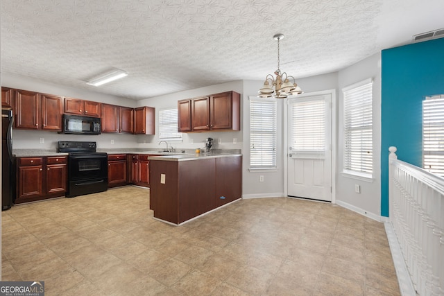 kitchen featuring black appliances, sink, a textured ceiling, decorative light fixtures, and a chandelier