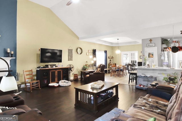 living room with hardwood / wood-style floors, lofted ceiling, a fireplace, and a tray ceiling