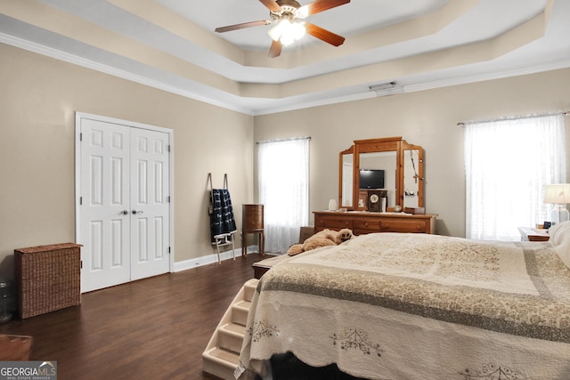 bedroom with a raised ceiling, dark hardwood / wood-style flooring, ceiling fan, and a closet