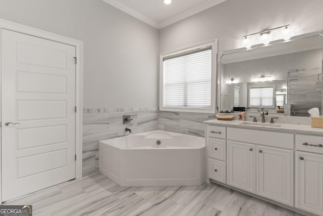 bathroom with crown molding, vanity, a bath, and tile walls