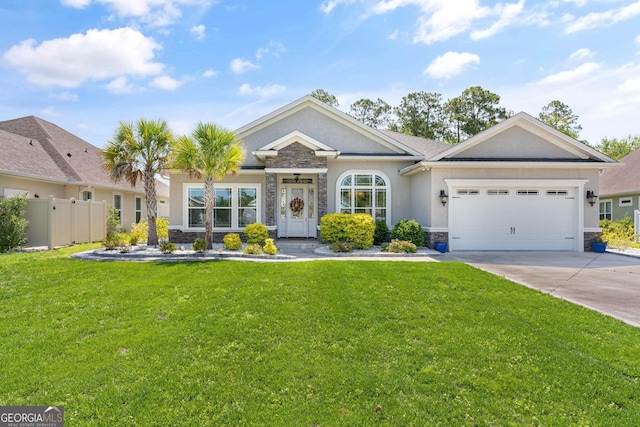 single story home with a garage and a front yard