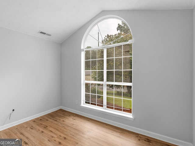 unfurnished room featuring a wealth of natural light, lofted ceiling, and hardwood / wood-style flooring