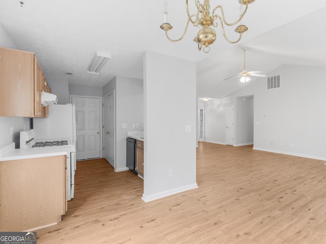 kitchen featuring lofted ceiling, white appliances, ceiling fan with notable chandelier, light hardwood / wood-style flooring, and range hood