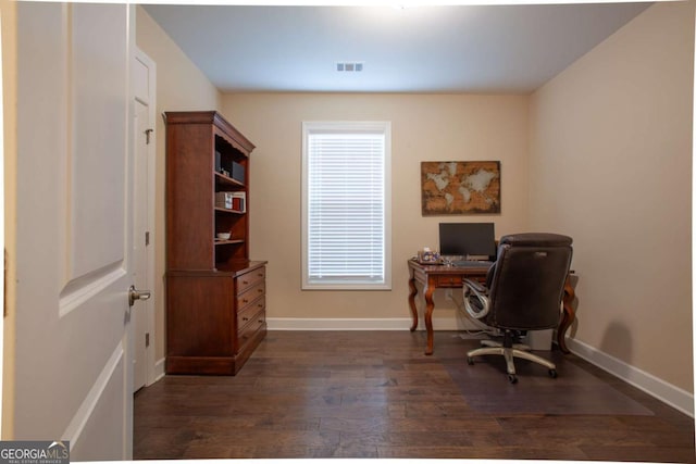 home office featuring dark hardwood / wood-style floors