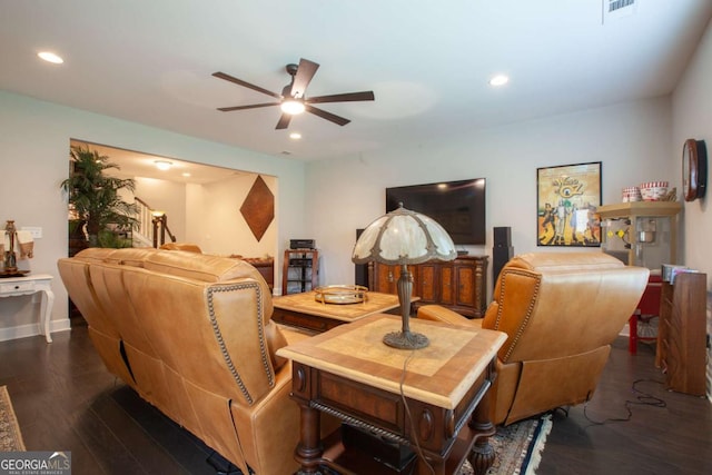 living room featuring a ceiling fan, visible vents, baseboards, recessed lighting, and dark wood-type flooring