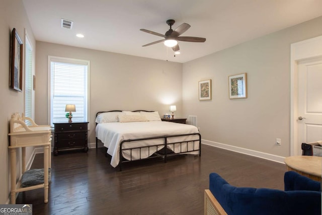 bedroom with visible vents, ceiling fan, baseboards, recessed lighting, and wood finished floors