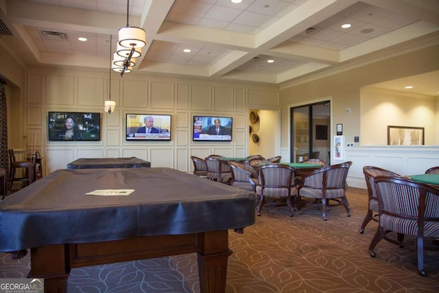 rec room featuring a decorative wall, visible vents, beamed ceiling, and coffered ceiling