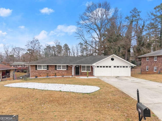 ranch-style home featuring a garage and a front lawn