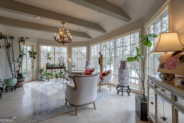 interior space featuring lofted ceiling with beams and an inviting chandelier