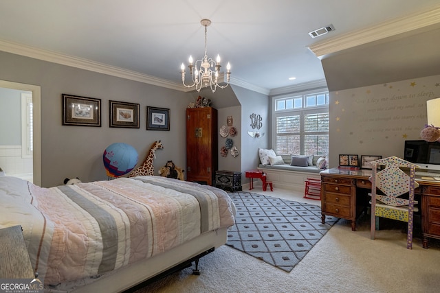 carpeted bedroom with ornamental molding and an inviting chandelier