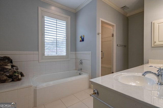 bathroom featuring tile patterned flooring, vanity, shower with separate bathtub, and ornamental molding